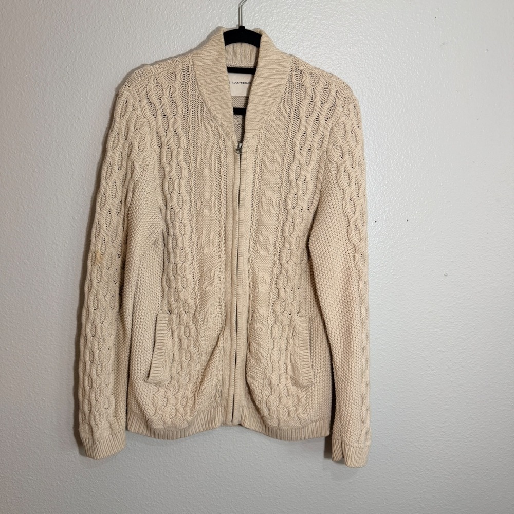 Lucky Brand Cable Knit Full Zip Cardigan Womens S Cream Cottagecore Cabincore